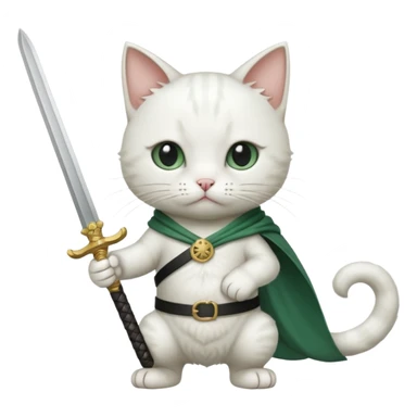 un gato blanco con reeferencia a rororoa zoro "una espada en cada mano y una en la boca" sticker