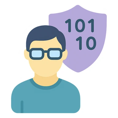 person with glasses in front of a shield and binary code, clean lines, professional, for a cybersecurity expert sticker