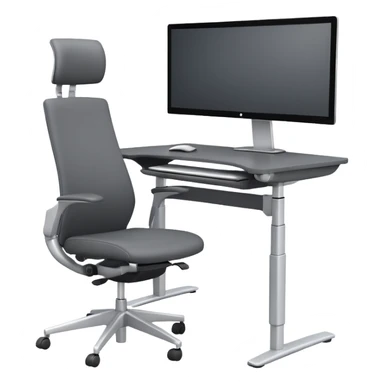 3D minimal icon of a wide height-adjustable motion desk with dual monitors and a modern ergonomic office chair, with a subtle accent in #FF3D00. Clean and high-end style. sticker