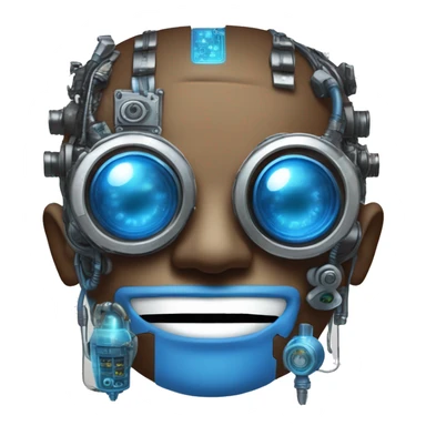 Brown cyborg head with blue Mohawk, blue beard, silver steampunk monocle goggles a smile and circuits sticker