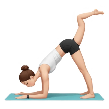 "Minimalist flat vector illustration of a woman doing yoga in forward fold pose (Uttanasana), wearing sportswear (white top and black shorts), brown hair in a bun, clean white background, no face details, elegant style" sticker