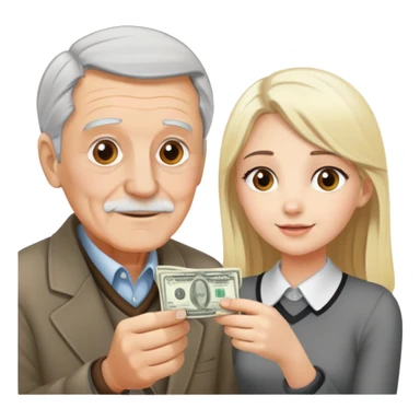 Kind elderly grandfather with gray hair giving money to a pretty blonde young woman who needs financial help, hot sticker