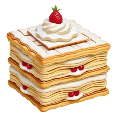Cinematic Realistic Mille-Feuille Dessert Emoji, depicted as layered puff pastry with rich cream and a dusting of powdered sugar rendered with intricate textures and elegant, soft lighting. sticker