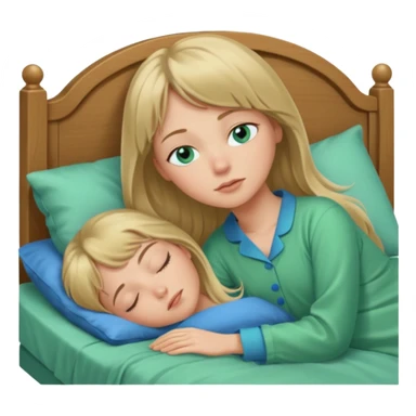 Woman with blue eyes and long dark blond hair and a bang, sleeping in bed  with green pyjama sticker
