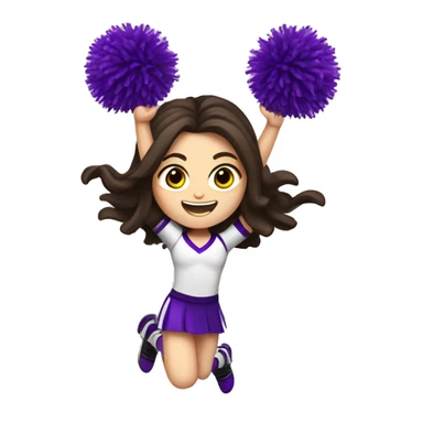 Caucasian cheerleader with long dark brown hair, jumping and holding up two purple Pom poms, small full body emoji sticker