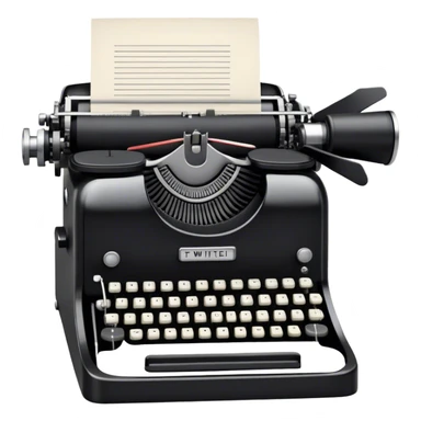 Create an emoji representing screenwriting. The design should feature an open script with visible dialogue and action lines, symbolizing the writing of a screenplay. Include a classic typewriter to signify the process of creating a script and a movie camera behind . Use a professional color palette with black, white, and subtle metallic tones. Do not include any emojis or smiley faces. Make the background transparent. sticker