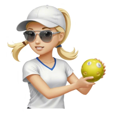 Girl with blond hair in a ponytail wearing a white baseball cap and sunglasses playing pickleball sticker