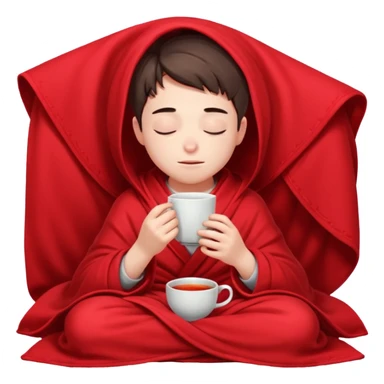 A European boy is sitting comfortably under a blanket, wrapped in a red blanket, drinking tea with his eyes closed. sticker
