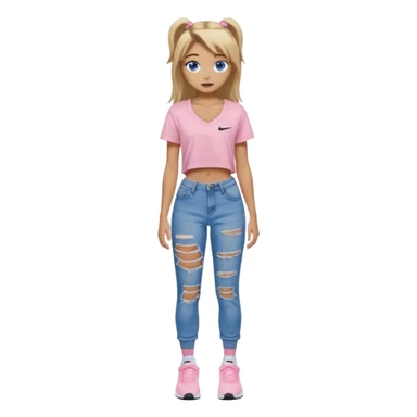 preppy teenage girl, blue eyes, tan, less blonde highlights, brown long hair, wearing ripped blue very long and very baggy jeans with a light pink sexy revealing very low neck crop top, wearing Nike shoes with Nike socks, very sexy, really really long eyelashes, very pretty sticker