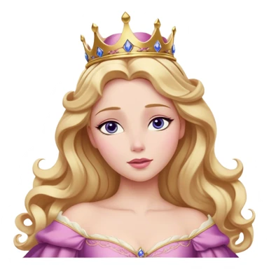 Cinematic Realistic Sleeping Beauty (Aurora) Portrait, with porcelain-like skin featuring a natural rosy flush, illuminated by soft lighting that highlights the gentle contours of her face. Her golden blonde hair flows in soft, detailed waves with subtle highlights that shimmer in the light. Her deep violet-blue eyes radiate warmth and innocence, framed by arched brows and long lashes. Her serene expression exudes quiet elegance. She is dressed in her classic pink gown, the fabric rich in texture with delicate folds that catch the light. A golden crown rests atop her head, gleaming with royal refinement. The portrait captures a soft, glowing aura, blending realism with an ethereal sense of beauty and timeless enchantment. sticker