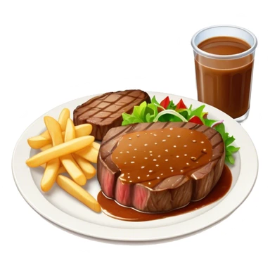 big juicy australian steak meal featuring chips, small salad in a ramikan and gravy  sticker