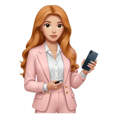 pale skin Kim Kardashian with ginger wavy long Hair, light pink  Spacious classical jacket, light pink palazzo Arrow pants and white blouse holding white IPhone 15 pro in the hands sticker