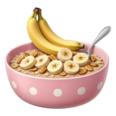 banana baked oats in a bowl like oat meal with a couple banana slices on top that look a little bit caramelised and a light pink bowl with white polka dots sticker