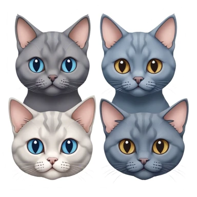 Three cat heads: British Shorthair Blue, with large cheeks, Maine Coon with fluffy fur and expressive eyes, Sphynx with smooth skin and prominent features, minimalistic, on a white background, no extra details. sticker