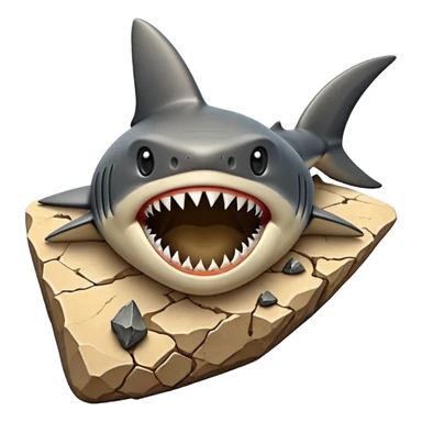 3D render of Shark Tooth, embedded in a chunk of rough sedimentary rock, cracked stone texture, ancient fossil aesthetic, shiny black enamel tooth embedded in beige sand, matte dry finish, Apple emoji style, isolated on white background --v 6.0 sticker