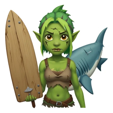orc female holds a board with a shark painted vertically in his hands sticker