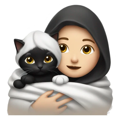 White lady snuggling with a black and white  cat with a blanket sticker