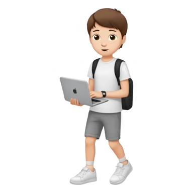 white teenage boy student, short hair, wearing a t-shirt and sneakers, carrying a laptop sticker