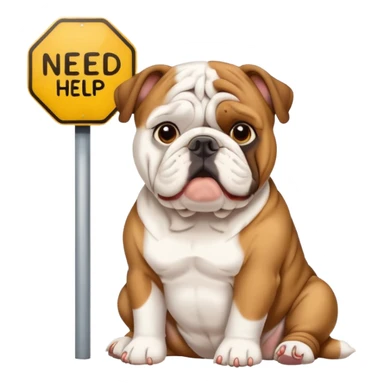 cute English bulldog sitting beside a 'need help' sign, emoji style sticker
