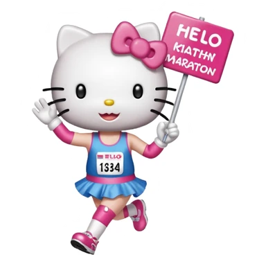 hello kitty cheering on a friend running the marathon, where she is holding a marathon sign. make sure the fae looks exactly like hello kitty - give her eyes and a nose but no mouth sticker