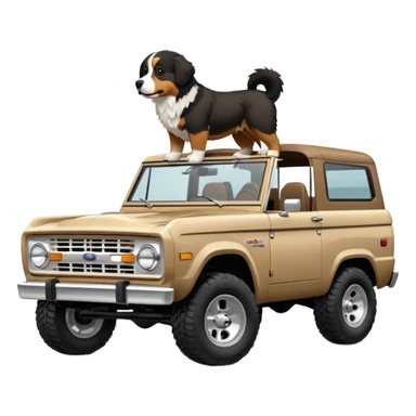 Sand colored ford bronco with no roof and Bernese mountain dog in the back sticker