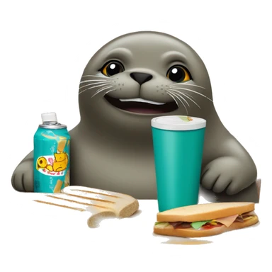 teal-coloured seal sitting behind a table with a sandwich, bottle of soda, and chocolate bar sticker