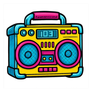 A boombox in Pop Colors style, with a futuristic look, metallic accents, digital display, and a mix of vibrant and electric colors sticker