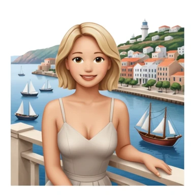 jennifer lawrence, leaning on a balcony with a harbor and cityscape in the background, smiling, closeup sticker