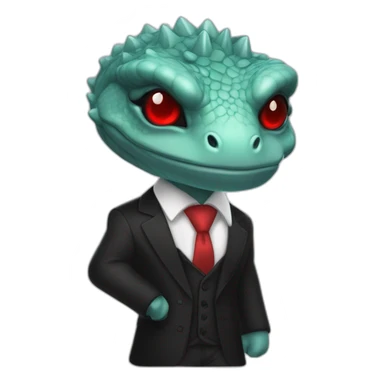 Aquamarine reptilian in classic black suite with red laser eyes on the middle of platinum coin sticker
