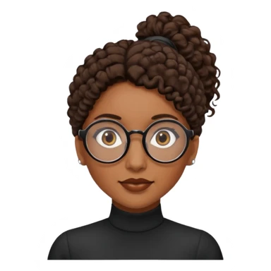 chica morena de ojos claros con gafas negras exagonales redondeadas. y pelo rizado castaño con todo el pelo recogido en una coleta .. Con todo el pelo recogido un clen look solamente una coleta sticker