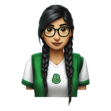 Mia Khalifa black braid white tshirt green sleeves slytherin emblem sticker