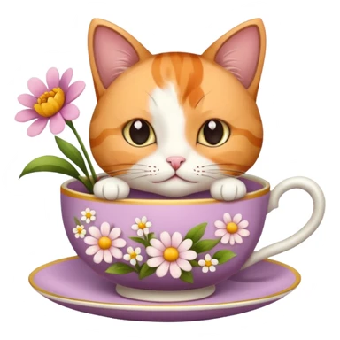 Cat in a tea cup with flowers and books sticker