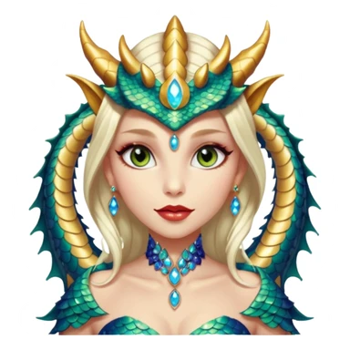 A gorgeous dragon woman with glittering jeweled scales covering her body and face. She has large almond shaped eyes, lush lips, and she wears a stunning luminescent gown. sticker