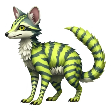  cool handsome gorgeous realistic zig-zag-patterned striking yellowish-pastel-lime-green-white-gradiented with dark undertones, white underside, thunderous stormy edgy badass realistic Vernid-Sergal-Genet-Trico-species by LiLaiRa, full body sticker