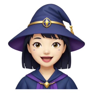 An Asian short-haired girl with short raven hair and bangs, with heterochromia eyed, eyeliner, and laughs with teeth and her tiny fang of mauve-toned lipstick, wears a dark navy wizard hat with an emblem on it. sticker