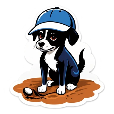 Dog wearing a baseball cap digging up dirt sticker