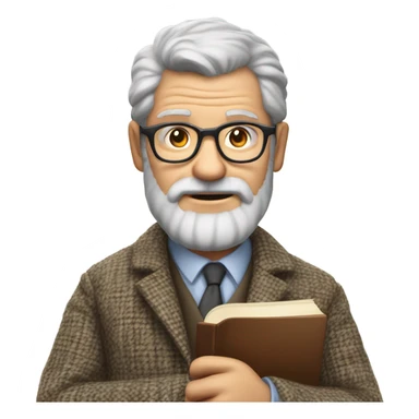 "A middle-aged man with graying hair, a beard, and round glasses. He has a serious, regretful expression, wears a tweed jacket, and holds a book or chalk." sticker