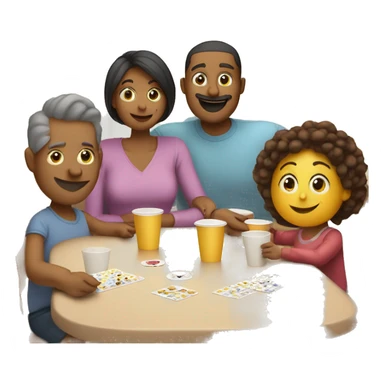 An emoji of a family—mother, father, and child—sitting at a table, playing a cup game with paper cups arranged on the table as they have fun together sticker