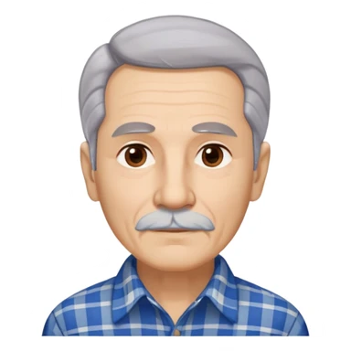 Senior Hispanic man with light complexion. Elongated face with wise expression. Relaxed brown eyes with gentle gaze. Thin eyebrows. White mustache connected to chin beard. Gray-white straight hair swept back. Wearing a beige and blue plaid long-sleeved shirt. sticker