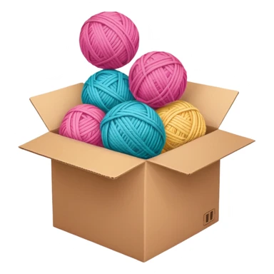 cardboard box with toys, ball of yarn, pink sticker