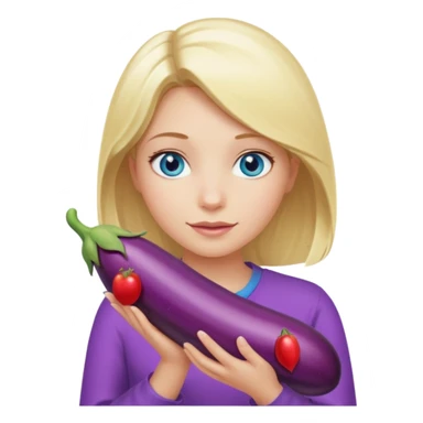 Blonde long hair girl, blue eyes, holding a long eggplant with both hands sticker