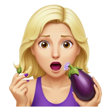 blond woman biting an aubergine, water jet coming out of the eggplant, shocked expression sticker