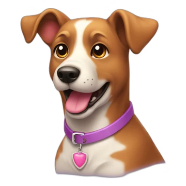 a purple dog with a brown nose and a pink collar with a bone happy  sticker