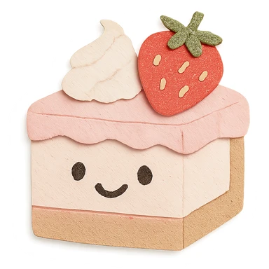 cute strawberry cake with whipped cream, smiling face, kawaii, soft light, hand-drawn look sticker