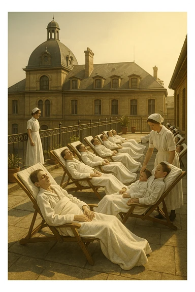 A realistic, historical cinematic illustration of a hospital rooftop solarium from the early 1900s, with patients in white robes and blankets lying on lounge chairs under the sun, receiving heliotherapy. Nurses in classic white uniforms and caps assist quietly, while the warm sunlight bathes the scene. The architecture is vintage, with iron railings, potted plants, and the backdrop of an old European hospital building. The atmosphere is calm and healing, showing patients with tuberculosis, rickets, and malnutrition benefiting from the sun’s rays to stimulate vitamin D production. The color palette is warm, with soft yellows and gentle sunlight, evoking a sense of hope and natural healing, reminiscent of historical black-and-white photographs with subtle colorization for realism sticker