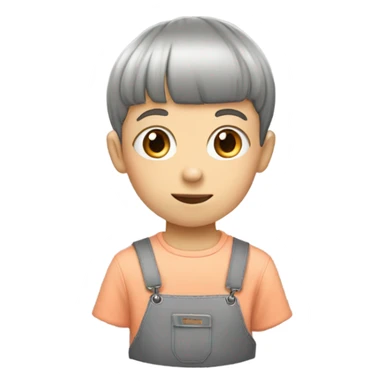 White child with bowl cut with a grey furry jumpsuit with peach dinosaurs on it  sticker