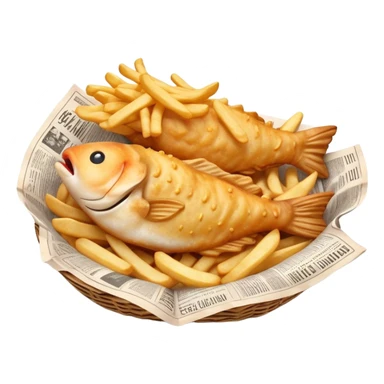 Cinematic Realistic Fish and Chips Dish Emoji, depicted with crispy golden battered fish and chunky hand‚Äêcut chips served in traditional newspaper wrapping, rendered with mouth‚Äêwatering texture and warm natural lighting that captures its quintessential British charm. sticker
