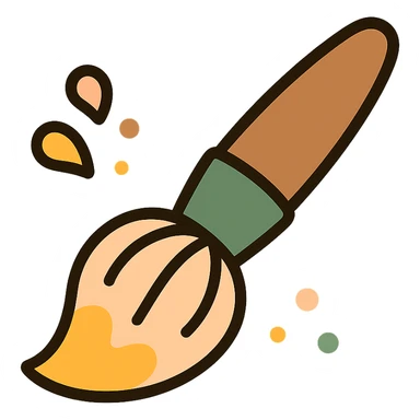 A cute and whimsical artist's paintbrush with a soft and cozy design, featuring a warm color palette: golden orange (FA9B41), deep forest green (4A7C5C), muted taupe brown (96775A), and pastel peach (FFCC9A). The brush has a delicate wooden handle in muted brown, with the bristles slightly fanned out, holding a touch of paint in shades of peach and orange. The tip of the brush is dipped in a soft golden hue, and tiny splashes of paint in the palette’s colors are gently scattered around. The overall mood is playful, artistic, and charming, evoking a sense of creativity and warmth. sticker