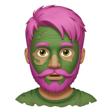 pink haired man with full full face dirty messy green clay mask and beard sticker