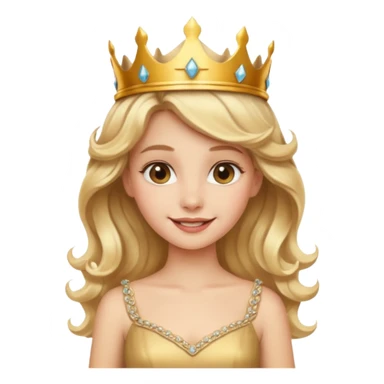 Cheerful blonde princess with wavy hair and light gold dress, wearing crown sticker